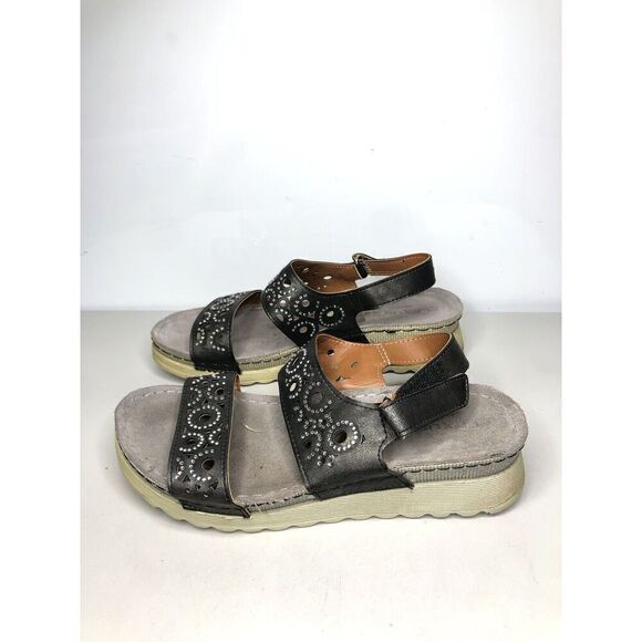 Flexus Spring Step Anatomic Black Leather Rhinestone Strap Sandals Women 8US/39 - Picture 1 of 14